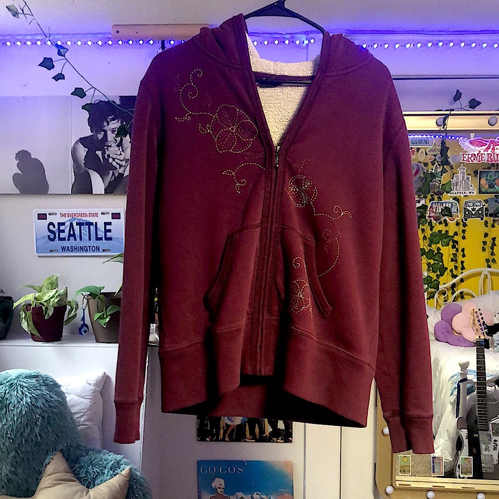 Eddie Bauer Seattle Washington size large burgundy/red zip up hoodie.